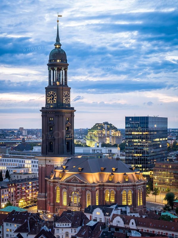 Aerial view of St Michael's Church with a view of the Hamburg bunker at blue hour, Hamburg, Germany