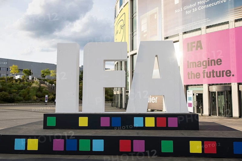 The IFA logo stands in front of the south entrance of Messe Berlin at the IFA consumer electronics exhibition on the exhibition grounds, Berlin, 04/09/2025