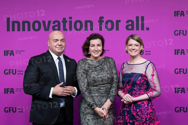 Leif-Erik Lindner (Managing Director of IFA Management GmbH) Dorothee Bär (Federal Minister of Research, Technology and Space of the Federal Republic of Germany, CSU) and Sara Warneke (Managing Director of gfu Consumer & Home Electronics GmbH) in front of the opening gala of IFA Funkausstellung in the CityCube, Berlin, 4 September 2025
