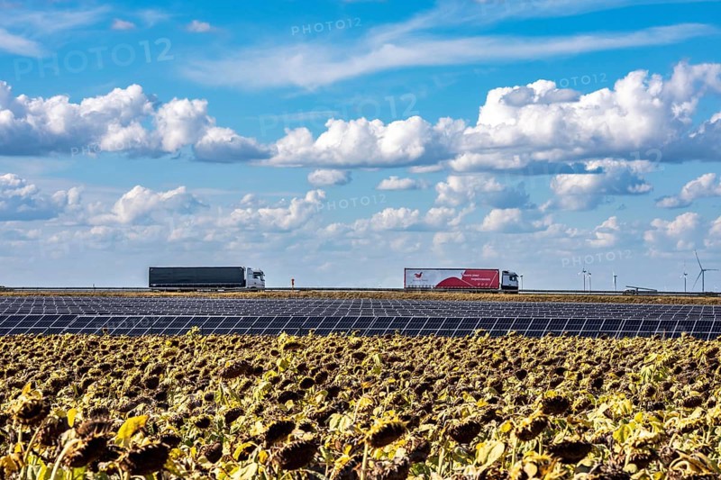 86, 5 MW peak ground-mounted photovoltaic systems, by RWE, with over 141, 000 solar modules, on a verge, over 1 km long, along the A44 motorway near Bedburg, at the Jackerath junction, recultivated open-cast mining site, field with sunflowers, North Rhine-Westphalia, Germany