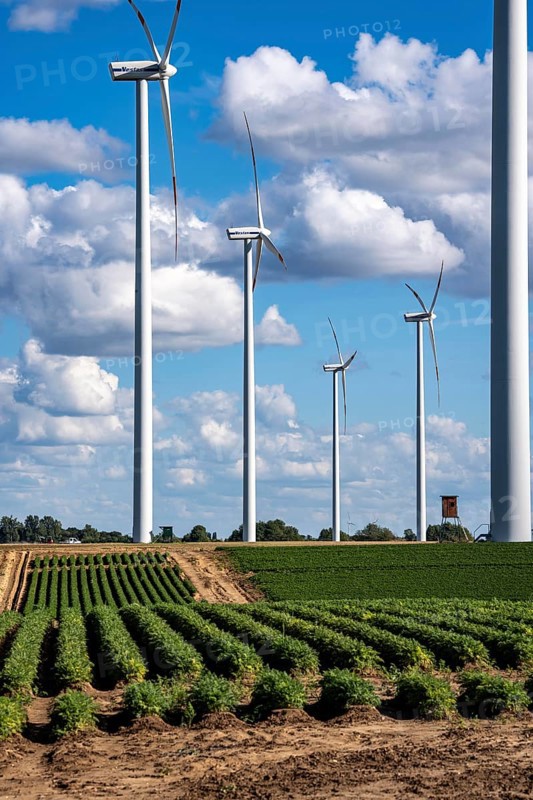 Field with carrot, in long rows, wind farm near Titz, North Rhine-Westphalia, Germany