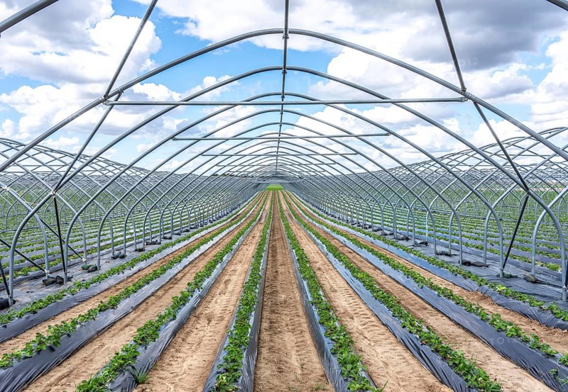 Strawberry cultivation, greenhouse without foil, after harvest, end of season, strawberry plants still growing in the foil for the next season, near Titz, North Rhine-Westphalia, Germany