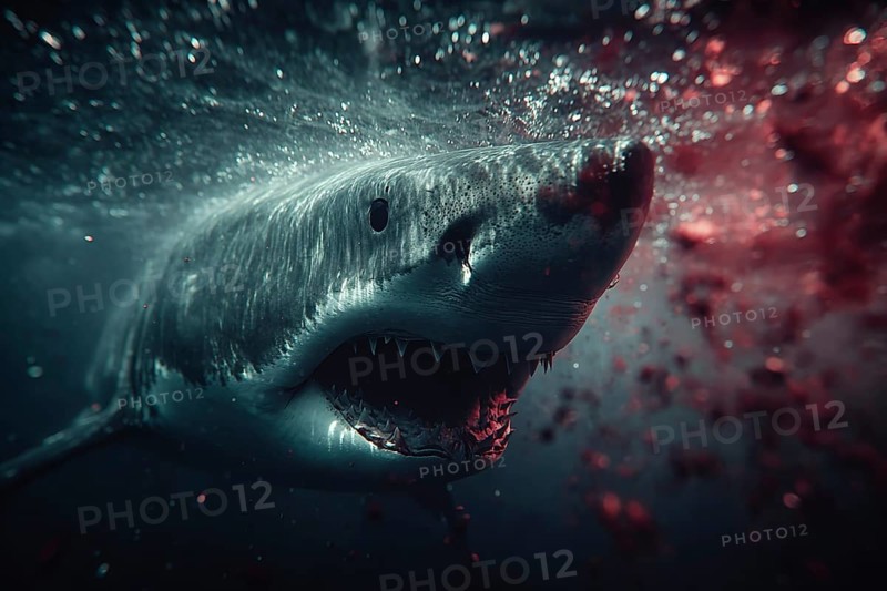 A shark swims menacingly in blood-soaked water with open mouth and sharp teeth, AI generated, AI generated