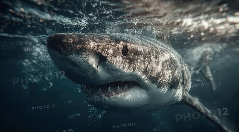 A shark swims near the surface in dark water, AI generated, AI generated