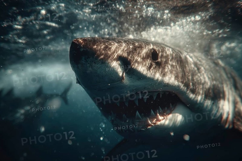 Close-up of a shark with open mouth and visible teeth under water, AI generated, AI generated