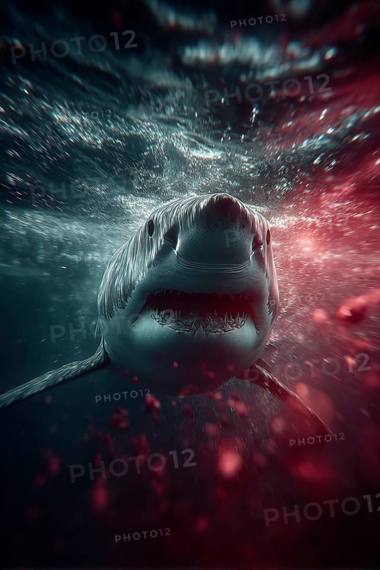 Close-up of a shark swimming menacingly in blood-soaked water, AI generated