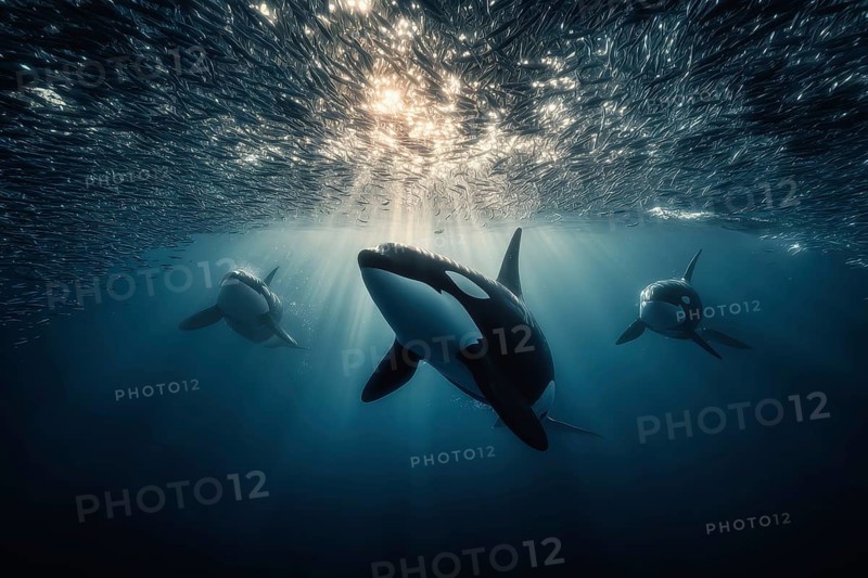 Three orcas swim underwater in a shoal of herring in the penetrating sunlight, AI generated, AI generated