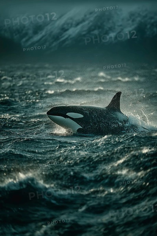 An orca crosses the stormy and wavy sea in rough weather conditions, AI generated, AI generated