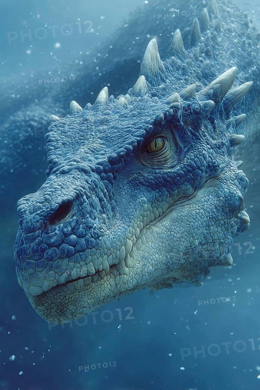 Portrait, close-up of an underwater dinosaur, dinosaur under the water surface, illuminated by sun rays, conveys calm underwater world, AI generated