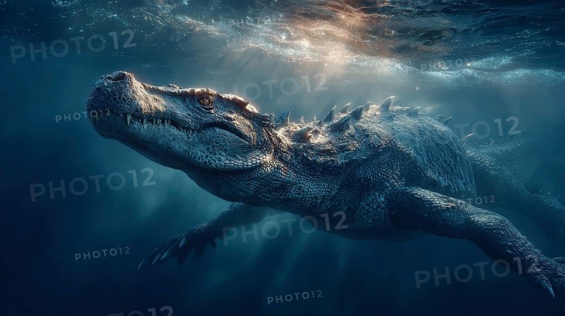 A dinosaur underwater dinosaur, dinosaur swims majestically under the water surface, illuminated by sun rays, AI generated, AI generated