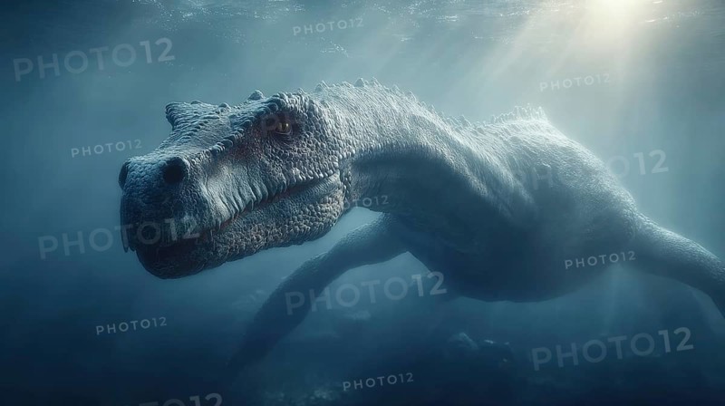 A dinosaur underwater dinosaur, dinosaur swims majestically under the water surface, illuminated by sun rays, AI generated, AI generated