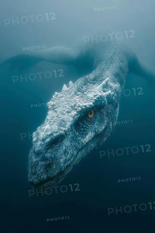 Underwater dinosaur, dinosaur swims majestically under the water surface, illuminated by sunbeams, conveys calm underwater world, AI generated, AI generated