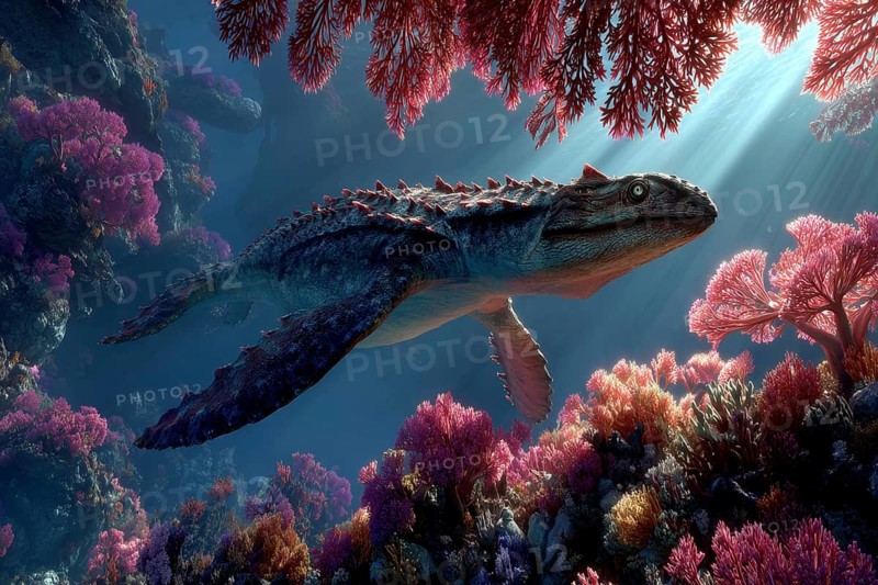 A dinosaur, underwater dinosaur, pliosaur swims through a colourful underwater world with sunbeams and corals, AI generated, AI generated
