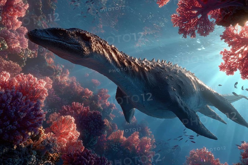 A dinosaur, underwater dinosaur, pliosaur swims through a colourful underwater world with sunbeams and corals, AI generated, AI generated