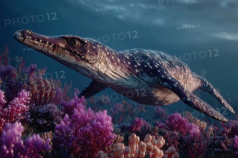 A dinosaur, underwater dinosaur, pliosaur swims through a colourful underwater world with sunbeams and corals, AI generated, AI generated