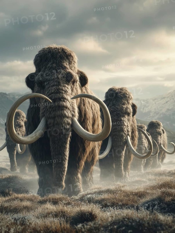 A line of mammoths wanders through a foggy and cold landscape, AI generated, AI generated