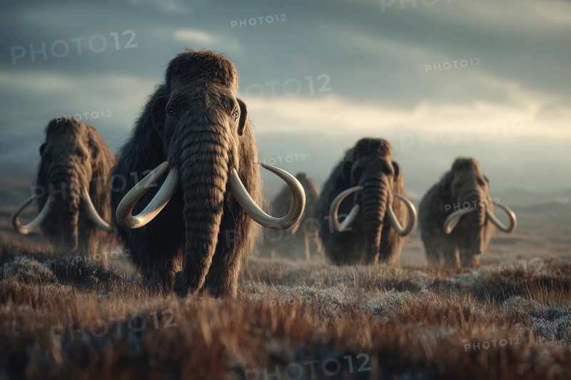 Mammoths roam a harsh landscape under a dramatic sky, AI generated, AI generated