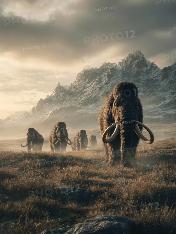 A herd of mammoths marches through a grassy landscape in front of a mountain range, AI generated, AI generated
