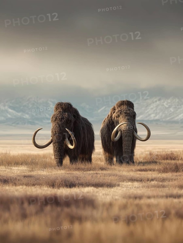 Two mammoths stand in a vast, tranquil steppe landscape with distant mountains, AI generated