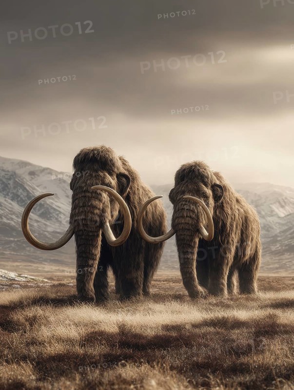 Two mammoths wander through a rough, brown-grey landscape with mountains in the background, AI generated, AI generated