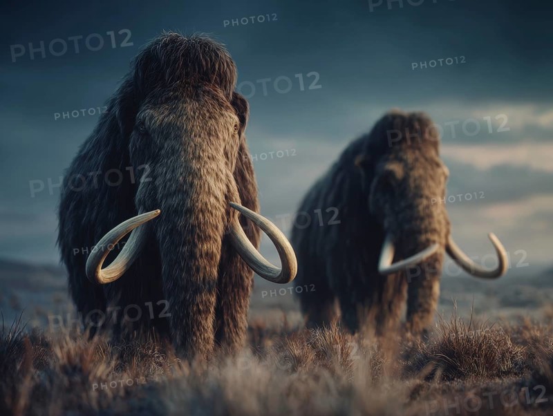 Two mammoths in a quiet, majestic scene in a meadow at dusk, AI generated, AI generated