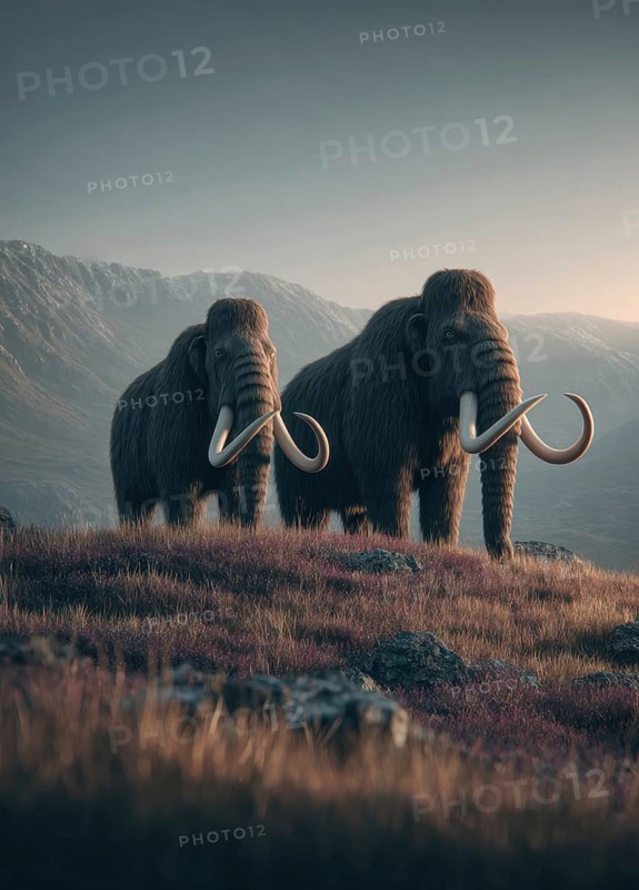 Two mammoths stand in a mountain landscape in a meadow at sunrise, AI generated, AI generated