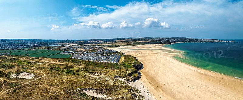 Panorama of Hayle Beach and Hayle Estuary from drone, St Ives Bay, Cornwall, England, United Kingdom