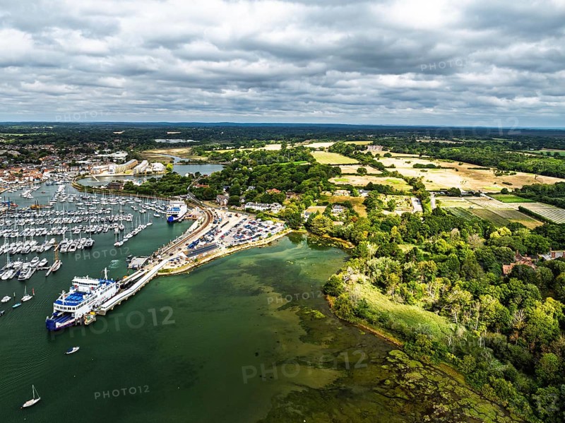 Wight Light car ferry to Isle of Wight on Lymington River and marina from drone, Lymington, New Forest, Hampshire, England, United Kingdom