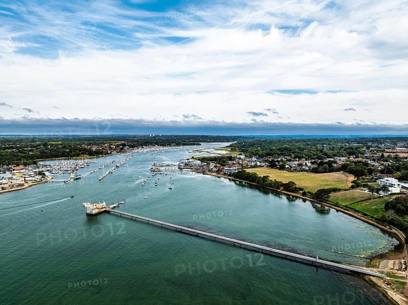 River Hamble over Warsash Maritime Academy Pier from drone, Hamble-le-Rice, Warsash, Southampton Water, Hampshire, England, United Kingdom