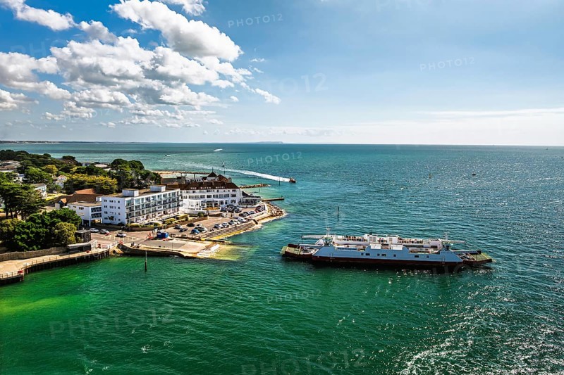 Sandbanks ferry from drone, Poole, Dorset, England, United Kingdom