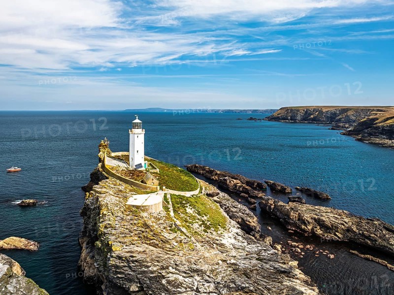 Godrevy Lighthouse from a drone, Godrevy Island, St Ives Bay, Cornwall, England, United Kingdom