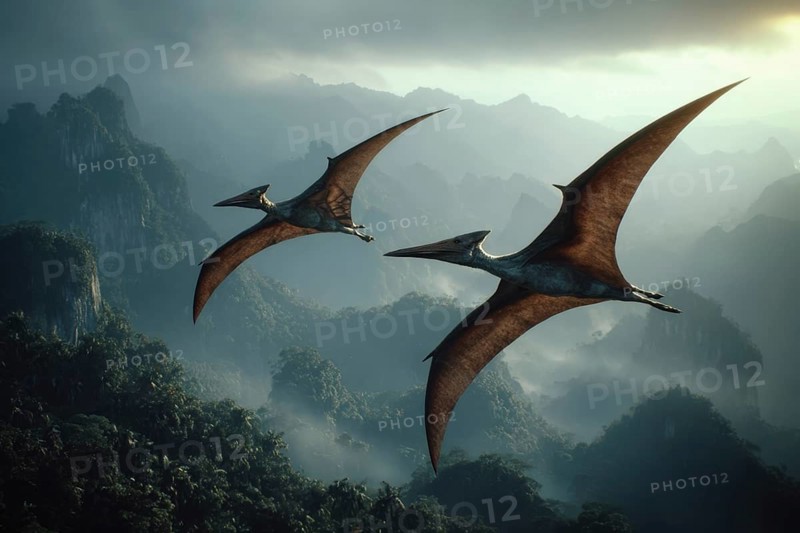 Two flying dinosaurs, dinosaur, flying reptile, pterosaur sailing over a primeval landscape, AI generated