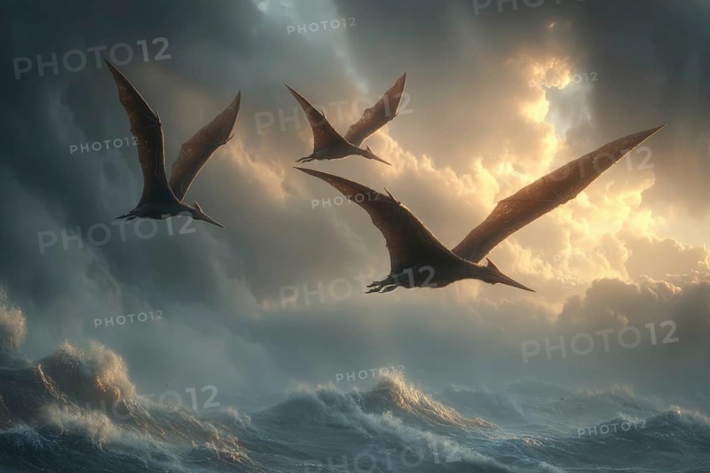Three pterosaurs, dinosaur, flying reptile, pterosauria sail over an ocean, AI generated