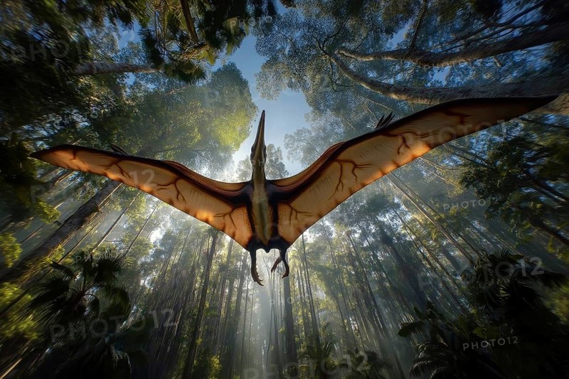 A pterosaur, dinosaur, flying reptile, pterosauria sails through a jungle, AI generated