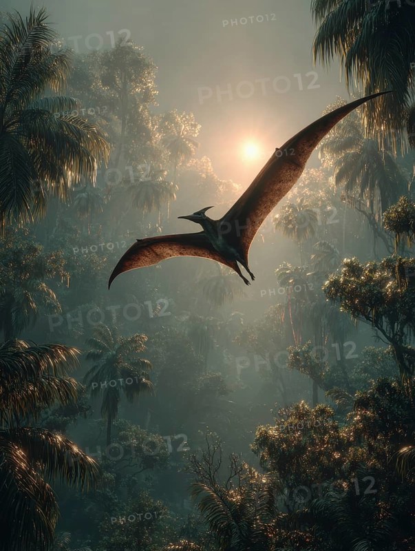 A flying dinosaur, dinosaur, flying reptile, pterosaur sails over a primeval landscape, jungle, AI generated