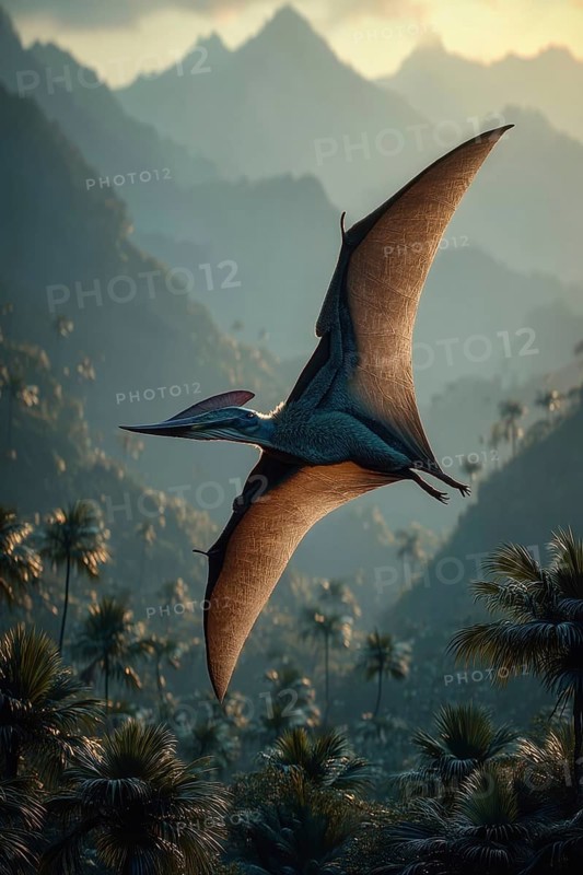 A pterosaur, dinosaur, flying reptile, pterosauria sails over a primeval landscape, jungle, AI generated