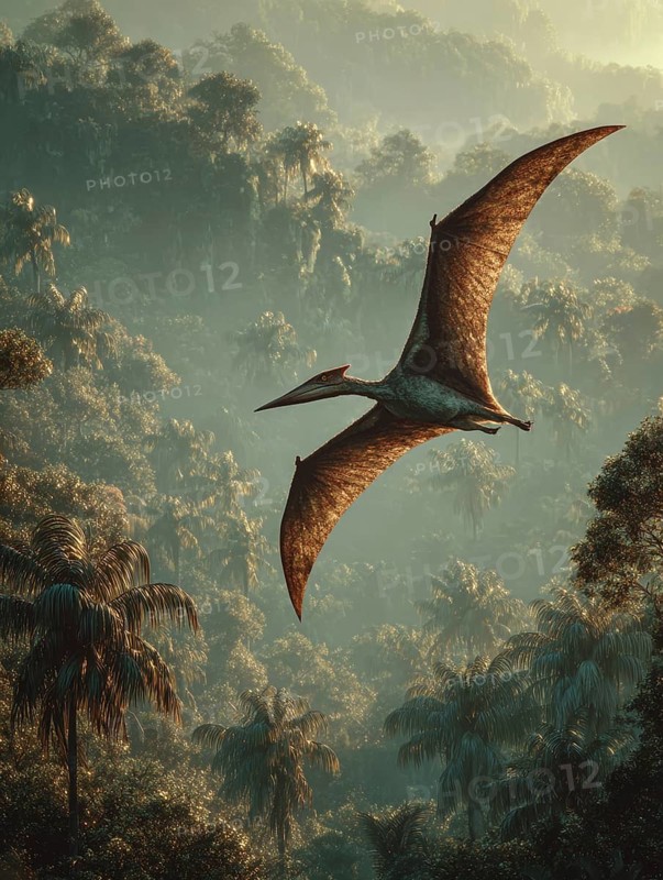 A flying dinosaur, dinosaur, flying reptile, pterosaur sails over a primeval landscape, jungle, AI generated