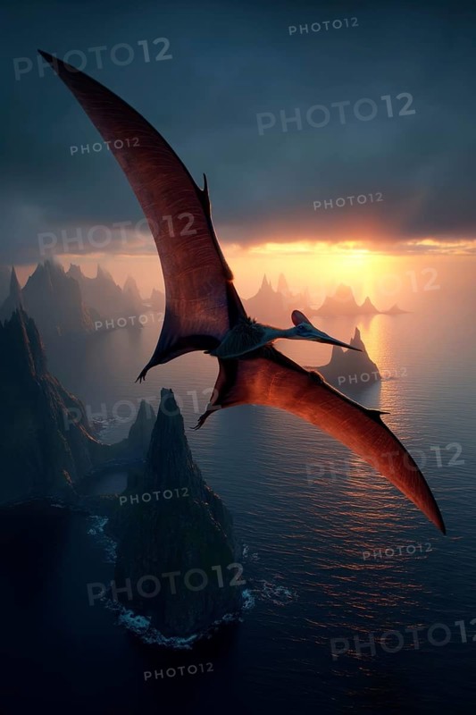 A flying dinosaur, dinosaur, flying reptile, pterosaur sails over a primeval landscape, AI generated