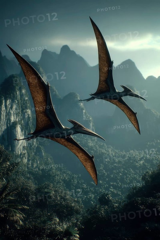 Two flying dinosaurs, dinosaur, flying reptile, pterosauria soar over a primeval landscape, AI generated, AI generated