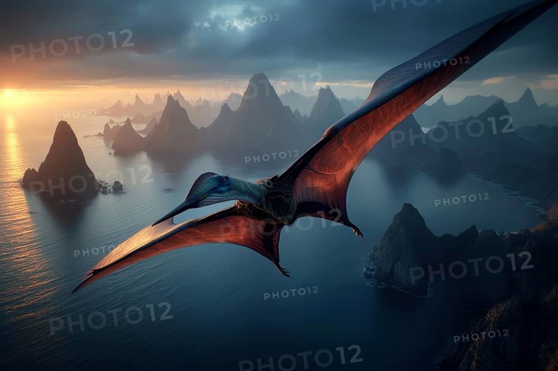 A pterosaur, dinosaur, flying reptile, pterosauria sails over a primeval landscape, AI generated, AI generated