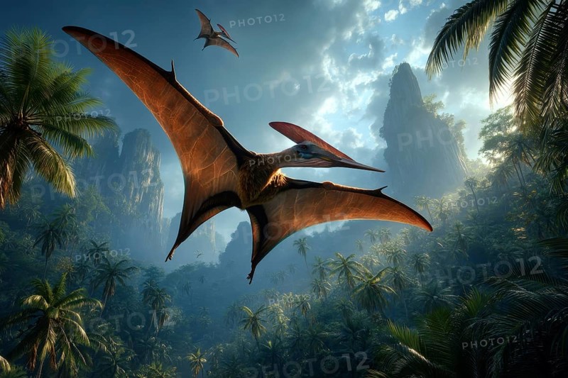 Two flying dinosaurs, dinosaur, flying reptile, pterosauria soar over a primeval landscape, AI generated, AI generated