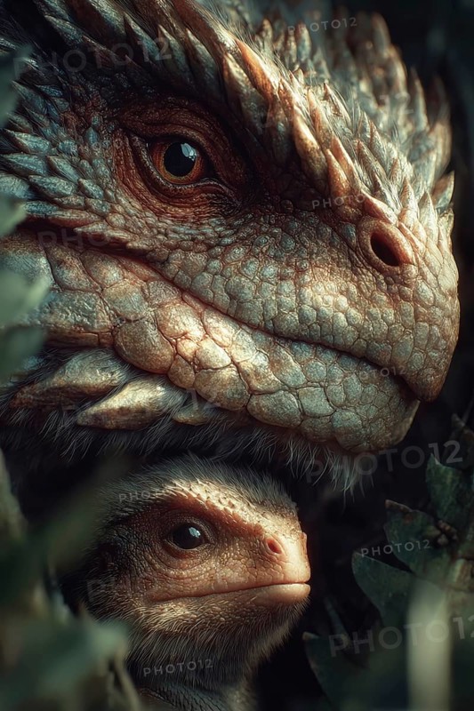 Romanticised depiction of a young dinosaur, baby dinosaur being lovingly cared for by its mother, AI generated