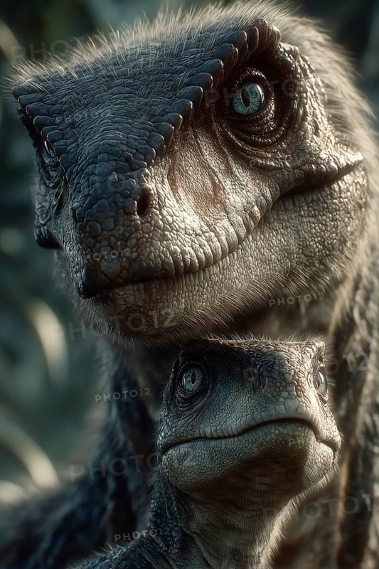 Romanticised depiction of a young dinosaur, baby dinosaur being lovingly cared for by its mother, AI generated