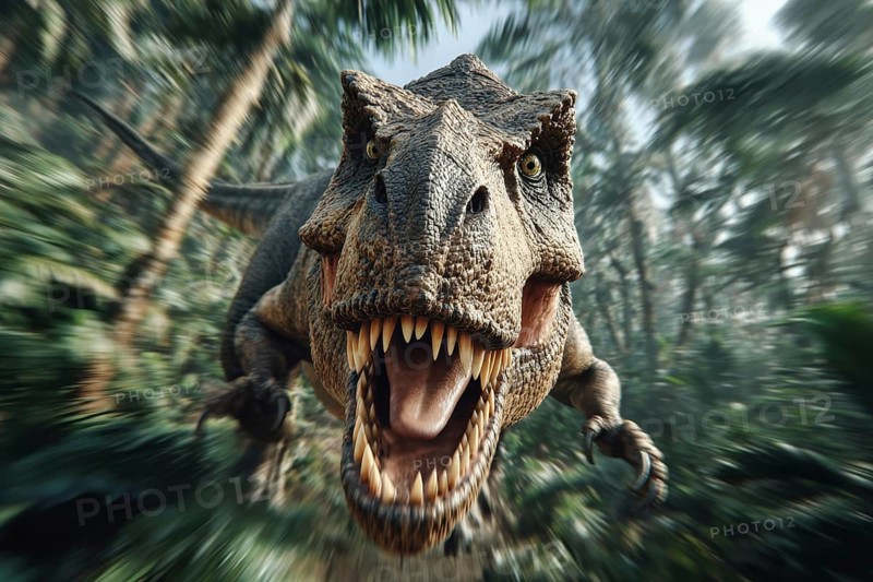 An angry, dinosaur, tyrannosaurus, tyrannosaurus with baring teeth runs through a jungle, AI generated, AI generated