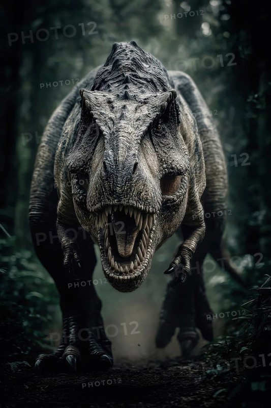 An angry, dinosaur, Tyrannosaurus with bared teeth runs through a jungle, AI generated, AI generated