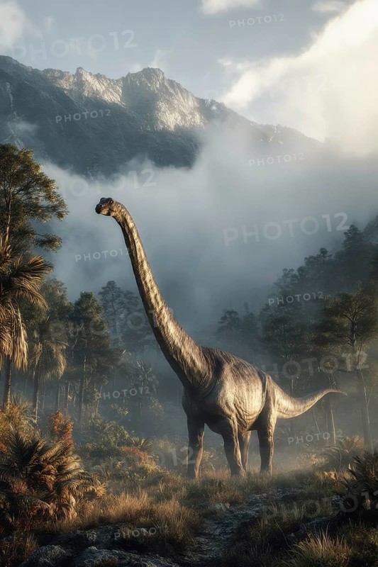 A dinosaur, brontosaurus, brontosaurus, in a primeval landscape, AI generated, AI generated