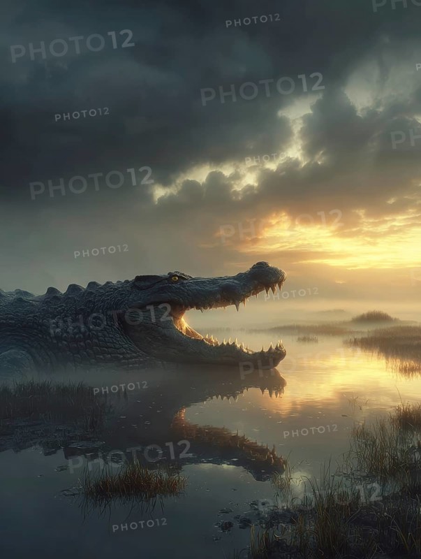 A crocodile rests in a swamp at sunset, AI generated, AI generated