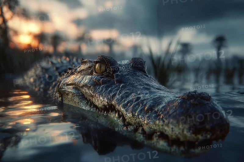 A crocodile rests in a swamp at sunset, AI generated, AI generated