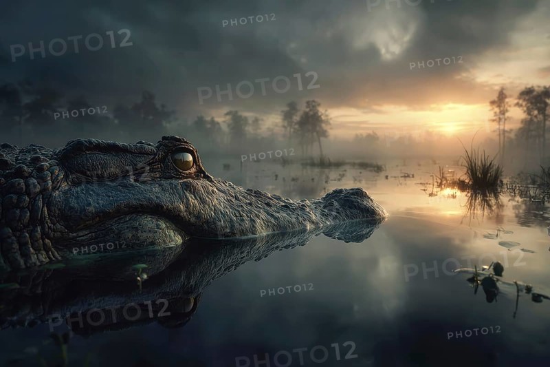 A crocodile rests in a swamp at sunset, AI generated, AI generated