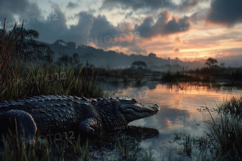 A crocodile rests in a swamp at sunset, AI generated, AI generated